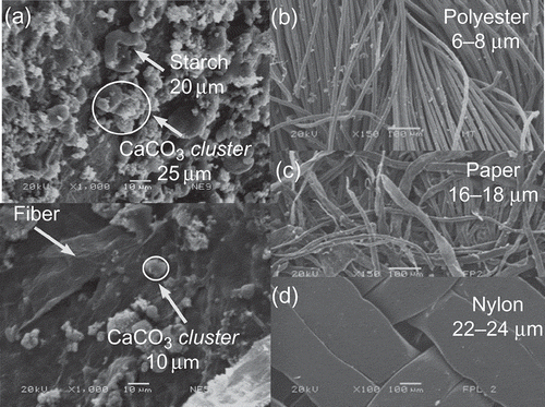 Figure 1. (a) SEM image of nejayote solids (1000 ×) (b) SEM image of filter medium polyester–cotton canvas. (c) SEM image of filter medium paper. (d) SEM image of filter medium nylon.(a) Imagen de SEM de sólidos de nejayote a (b) Imagen de SEM del medio filtrante lona poliéster algodón (c) Imagen de SEM del medio filtrante papel (d) Imagen de SEM del medio filtrante nylon.