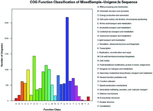 Figure 3. Histogram presentation of clusters of orthologous groups (COG) classification (unigene).Note: All unigenes were aligned to the COG database to predict and classify possible functions. Out of 19,266 NR hits, 7831unigenes were assigned to 25 COG classifications.