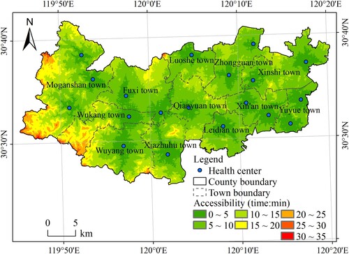 Figure 3. Accessibility of health centers in Deqing County (from Qiu et al. Citation2019).