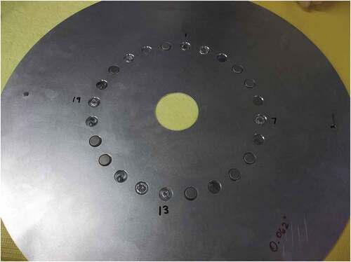 Fig. 6. Photograph of activation and fission foils loaded on a sample plate for irradiation in a Zeus HEU core