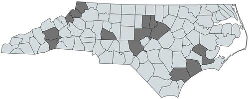 Figure 1 Map of the counties where the participating pharmacy sites are located across the state of North Carolina (US).