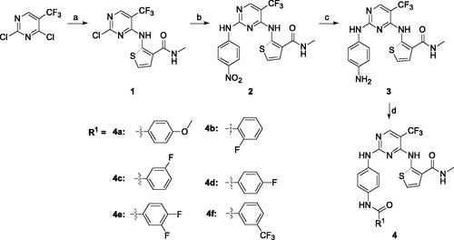 Scheme 1. Synthetic route of target compounds 4a–4f. Reagents and conditions: (a) 2-amino-N-methylthiophene-3-carboxamide, NaHCO3, EtOH, rt, overnight, 40% yield; (b) 4-nitroaniline, TFA, TFE, reflux, overnight, 43% yield; (c) Pd/C, MeOH, rt, 24 h, 35% yield; (d) corresponding acid, HATU, DIEA, DMF, rt, 12 h, 38%–46% yield.