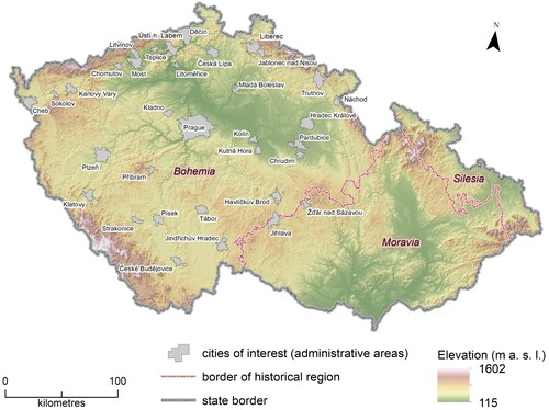 Figure 1. Studied cities in the context of the historical regions of the Czech Republic (data sources: © ArcČR500, ARCDATA Prague, 2016).