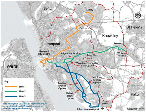 Map 2. The proposed Merseytram network (2003).Source: Merseytravel (Citation2003).