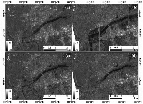 Figure 2. Sentinel-1 GRD images of the flood process. (a) 2021-10-05. (b) 2021-10-12. (c) 2021-10-17. (d) 2021-10-24. Dark color represents low backscatter coefficients whilst bright color represents high backscatter coefficients. The white box in (b) is used in Figure 7.