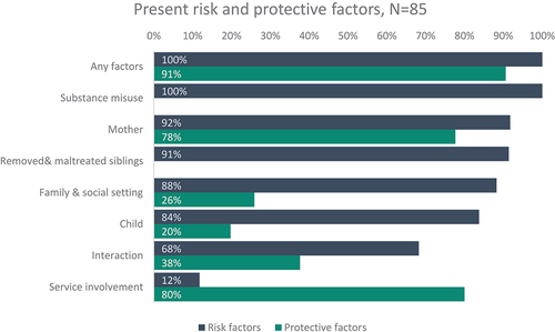 Figure 1. Present risk and protective factors, N = 85. For numbers see tables B.4-5 in appendix B.