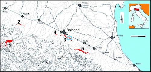 Figure 1. Gypsum outcrops in Emilia Romagna region (from CitationLucci & Rossi, 2011): 1. Triassic gypsum of Upper Secchia River; 2–5. Messinian gypsum. The blue box shows the mapped study area.