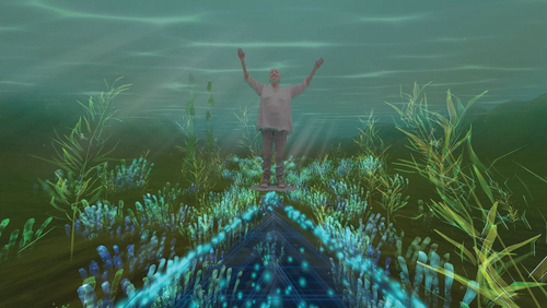 Figure 11. VR still encountering a digital hologram beneath the river. The boat comes to a stop three times allowing the visitor to ‘Wake the memories by disturbing the riverbed.’ the first memory is close to the river’s source: a previous participant aged ten. Her virtual hologram and audio play when the visitor moves their hands to disturb the silt. The holograms and audio made by the visitor emerge further down the river. ‘You chose. You spoke. Actions make waves. Words ripple forever. Every breath you take matters.’ the final stop ‘is 2122. The child is almost 100. This river is ready to join the sea. Help it. Use your hands to dissolve the memory.’ the visitor’s gestures dissolve the hologram and the boat surfaces. The final image is the giant Child of Now overlooking the river. The giant’s body ages between the ten-year-old’s hologram, the visitor’s hologram, and the elder’s hologram then fades into the mist. The visitor removes the HMD and exits the boat. I-ME prepares them to return to their everyday life and bids them farewell. The visitor exits the Everywhen.