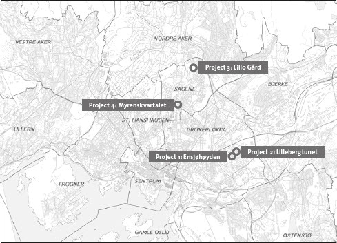 Fig. 2: Location of the four cases in Oslo, Norway. (Source of map: https://od2.pbe.oslo.kommune.no/kart)