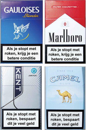 Fig. 1. Two pairs of cigarette packages featuring both of the gain-framed short-term consequences of quitting smoking (i.e., top pair: “If you quit smoking, your stamina will improve”; bottom pair: “If you quit smoking, this will save you a lot of money”).