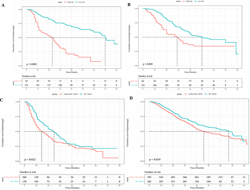 Figure 6 The training set (A) and validation set’s (B) Kaplan-Meier survival curves for predicting OS stratified by risk subgroups. Kaplan–Meier survival curves for PA-TACE’s impact on OS of the patients from high-risk group (C) and low-risk group (D).