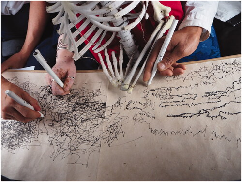 Figure 2. Three hands drawing in the back of the taxi, note that artist Ashmina Ranjit is carrying a skeleton as part of another project on the ever-present nature of death in Nepal.