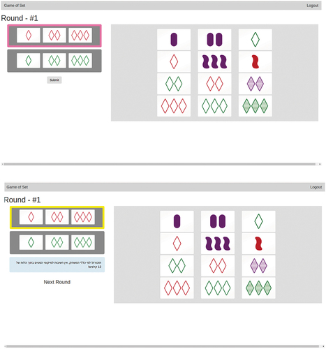 Figure 1. Screenshots from one round of the experimental task, showing the participant’s prediction (top, outlined in pink) and the virtual player’s actual choice (bottom, outlined in yellow) .