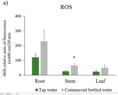 Figure 3. ROS, antioxidant capacity and chlorophylls levels in Nicotiana tabacum. a) Reactive oxygen species in root, stem, and leaf of plants irrigated with tap and commercial bottled water; b) antioxidant capacity in leaf; c) A, B and total chlorophyll in leaves (n = 5 for each group). Error bars are SEM. * P < 0.05