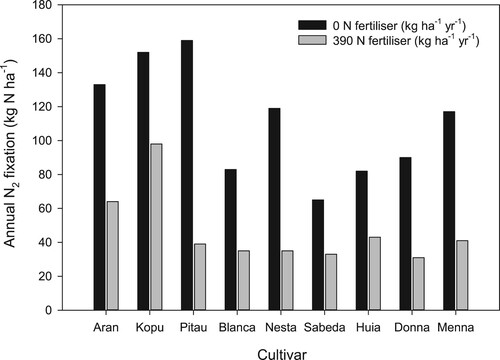 Figure 11. Interaction between clover cultivar and rate of nitrogen (N) fertiliser application rate (0 or 390 kg N ha−1 yr−1) on the annual amount of N2 fixed by clover (adapted from Ledgard et al. Citation1996a).