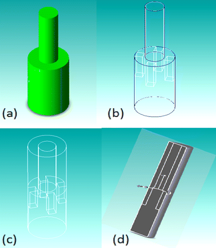 Figure 18 (a) Solid view of the minimum turnable entity; (b) wireframe showing the overlap of the part and its minimum turnable entity; (c) wireframe showing the overlap of the part and its minimum bounding cylinder; (d) cut view showing the overlap of the part and its minimum bounding cylinder.
