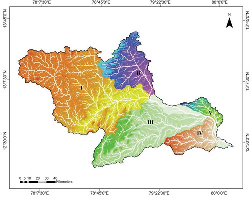 Figure 3. SRTM-derived DEM-map of the Palar River basin and five sub-basins drainage showing the drainage network. (a) sub-basin I – Upper Palar basin (b) sub-basin II – Poiney sub-basin (drained by Poiney River); (c) sub-basin III – Cheyyar sub-basin (drained by Cheyyar River), (d) sub-basin IV – Killiyar sub-basin (drained by Killiyar River), (e) sub-basin V – Lower Palar Sub-basin.