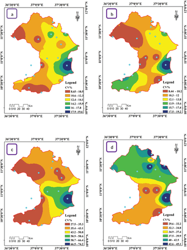 Figure 5. Spatial distribution of (CV%) annual (a), kiremt (b), bega (c) and belg (d) rainfall in west Gojjam zone, central highlands of Abbay Basin (2001–2020).