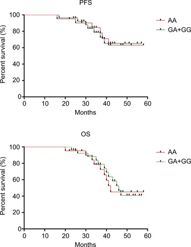 Figure 1 Kaplan–Meier analysis of overall survival (OS) and progression-free survival (PFS) are shown for CYP17 rs743572.Notes: n=48, for PFS: P=0.976; HR=0.98, 95% CI=0.33–2.92; for OS P=0.867; HR=1.08, 95% CI=0.45–2.57.