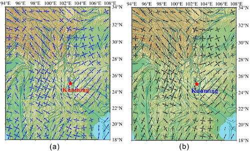 Figure 4. Comparing the actual strain rates (ASR) with the computed counterparts (CSR) based on the same surface velocity data in Case 2. (a) Distribution map of principal strain rates calculated mathematically based on the EquationEqs. (1)–(6); (b) computed principal strain rates with the method developed by Zhu et al. It is evident that CSR in (b) is almost the same as ASR in (a).