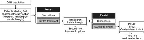 Figure 1. Treatment flow diagram for the base case. Abbreviations: OAB, overactive bladder; PTNS, percutaneous tibial nerve stimulation; SNM, sacral neuromodulation.