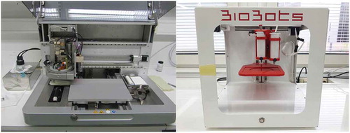 Figure 2. Examples of printers used for pharmaceutical manufacturing (left: piezoelectric inkjet printer PixDro LP 50, right: a dual syringe BioBots (Allevi) semi-solid extrusion (SSE) printer).