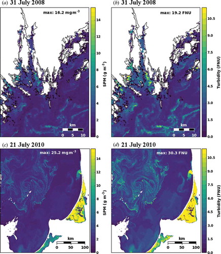 Figure 5. Spatial distribution of SPM retrieved from the MERIS standard SPM product (MEGS 8.1) (a, c) and turbidity retrieved from MEGS using the developed SPM model (b, d) in and around Himmerfjärden bay in Sweden (upper row) in the Lithuanian study area (lower row) during the dates 31 July 2008 and 21 July 2010.