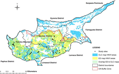 Figure 1. Map of Cyprus showing the location of the 47 study sites and the areas identified as High Nature Value farmland (HNVf) under the CORINE land cover-based map (‘CLC map’) and the Cyprus Environment Department map (‘ED map’), as well as the overlap between these two maps (‘Overlap ED & CLC maps’).