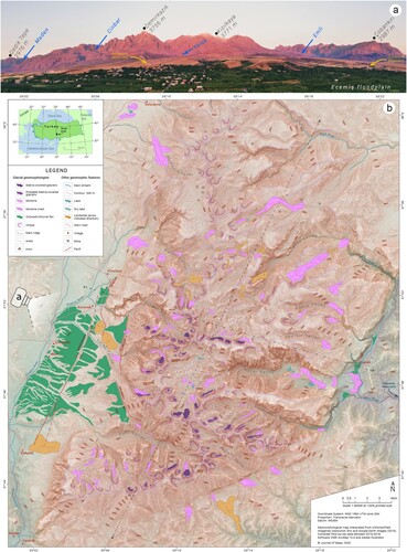 Figure 2. Panoramic photographs of valleys and outwash deposits in the western Aladağlar (a) and Main Map preview (b). In order to cover the highest peaks and whole outwash deposits, 12 UAV (an Unmanned Aerial Vehicle) photographs were merged to produce this panoramic view (a). The 1: 50.000 scale geomorphological map of the Aladağlar previewed in (b), records glacial landforms.