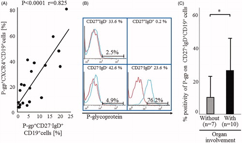 Figure 2. Relations among P-gp+CXCR4+ B cells, P-gp+ CD27-IgD+B cells and RA organ involvement. (A) Correlation between the proportions of P-gp+CXCR4+ B cells and P-gp+ CD27-IgD+B cells in RA patients. Statistical analysis was performed by Person’s correlation analysis. (B) Flow cytometric analysis identified P-gp+ CD27-IgD+B cells in the representative RA patient with rheumatoid vasculitis. Values at the top of each section are percentages of CD19+B cell subpopulations based on CD27/IgD classification. Flow cytometric analysis showed P-gp expression on each B cell subpopulation (blue lines). Data represent the percentages of P-gp-positively stained B cell subpopulations. Red: isotype-control FITC-conjugated anti-mouse IgG Ab. The number of CD27+IgD+CD19+ B cells was lower than that was available for the histogram exhibition and P-gp expression analysis. (C) Flow cytometry for P-gp+ CD27-IgD+B cells in 17 RA patients, including 10 with (closed bar) and 7 without (hatched bar) organ involvement. Values are mean ± SD of independent experiments. *p < .05, by non-paired t-test. RA disease activity, as estimated by the SDAI score, was not significantly different between the two groups (with: 26.5% ± 8.3, without: 30.9% ± 12.9; p = .41). Organ involvement included interstitial pneumonia (n = 2), interstitial pneumonia with rheumatoid vasculitis (n = 3), Felty syndrome (n = 1), amyloidosis (n = 1) and lymphadenopathy (n = 1). (A–C) Specific antibodies used for staining and flow cytometric analysis, including MRK16 for P-gp (a specific mAb against P-gp; Kyowa Medex, Tokyo) with FITC-conjugated goat anti-mouse IgG mAb, cy-chrome-conjugated CD19 mAb, APC-conjugated CD27 mAb and PE-conjugated IgD and CXCR4 mAb (BD Biosciences Pharmingen).
