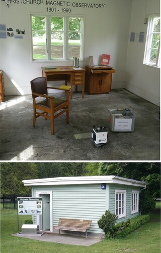 Figure 1. CHRISTCHURCH-A gravity mark (EQTR) is located on the floor (beneath gravity meter in top image) of the historic magnetic observatory workshop in the Christchurch Botanic Gardens (bottom image).