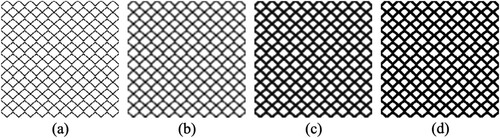 Figure 4. (a) Infill as drawn by the user, (b) passed through the density filter to enforce a minimum length scale feature size, (c) passed through a Heaviside's filter to extrapolate toward a solid/void distribution, and (d) the final binary infill pattern using a threshold cutoff of 0.5.