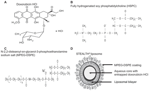 Figure 1 Structural form of doxorubicin HCL (A), fully hydrogenated soy phosphatidylcholine (B), and N-2,2-distearoyl-sn-glycerol-3-phosphoethanolamine sodium salt (MPEG-DSPE) (C), comprising the STEALTH® liposome structure (D).