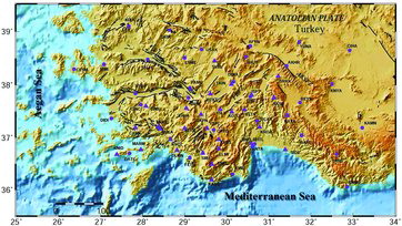 Figure 2. Southwest Anatolia GNSS network (• permanent station, ▴ periodic station).