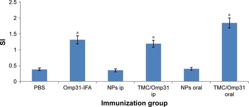 Figure 6 Lymphocyte proliferation assay of splenocytes from mice vaccinated with rOmp31.Notes: Mice immunized with PBS and NPs were used as negative controls. Splenocytes from vaccinated mice (2×105 cells/well) were stimulated with rOmp31 (0.1 µg/well) for 72 hours, and the proliferative response was determined by in vitro MTT assay. The SI corresponds to the count per minute of stimulated spleen cells divided by the count per minute of unstimulated spleen cells. The data are mean SI ± SD of five individual mice from each group with three repeats (p≤0.01). Immunization groups are based on Table 1. *Significant difference between groups.Abbreviations: PBS, phosphate buffered saline; Omp31, 31 kDa outer membrane protein; NP, nanoparticle; SI, stimulation index; IFA, incomplete Freund’s adjuvant; ip, intraperitoneal; TMC, N-trimethyl chitosan.