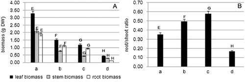 Figure 1. Different salts impact on the biomass of leaves, roots, and stems and the root/shoot ratio (a: Hoagland solution as control treatments; b: NaCl 100 mM; c: NaCl 200 mM; and d: NaHCO3 100 mM). Different capital letters (E, F, G, and H) indicate significantly different values (P <0.05).