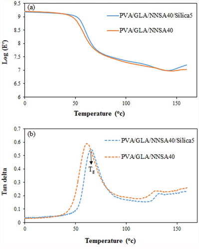 Figure 10. The DMA curve for the PVA hybrid membranes (a) storage modulus curve (b) tan (δ) curve.