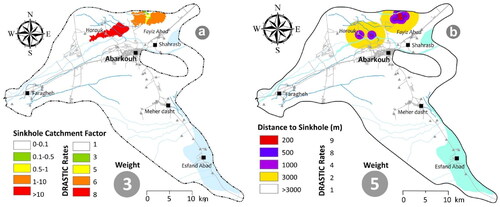 Figure 3. The map of Sinkhole catchment factor (SCF)(a), and distance to sinkholes (b) in the study area.