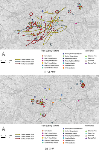 Figure 12. Spatial patterns of top 5% of OD flows in the Cluster 3 (a) C3-AMP (b) C3-IP (c) C3-PMP.