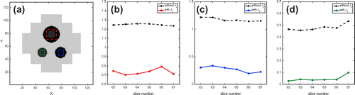 Figure 9. Relative L2 error plots in three regions of interest (ROI): high contrast case. (a) shows the selected ROIs. (b), (c) and (d) are the relative L2 error plots for the red, blue and green ROIs, respectively.