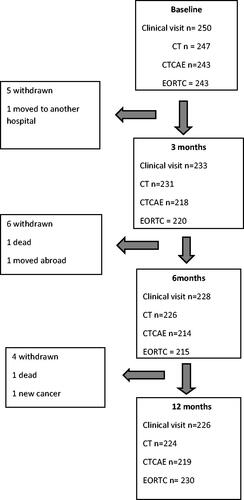 Figure 1. Consort diagram. Clinical visit by physician, CT, CTCAE, and EORTC registration at baseline and at 3, 6, and 12 months after radiotherapy. Excluded patients at the right.