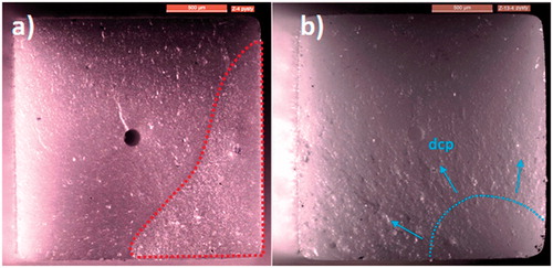 Figure 6. Optical microscope images of fractured ZrO2 surfaces. (a) low strength (108 MPa) specimen with delamination covering more than half of the cross-sectional area true fractured surface area marked with dashed red line) (b) high strength (665 MPa) sample with a characteristic mirror area on the right bottom corner with blue arrows indicating the direction of crack propagation. The compression surface is facing upwards and tensile surface downwards.