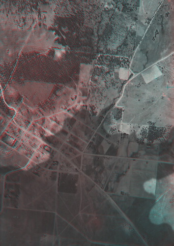 Figure 4. ‘Old Adaminaby (1944)’, showing the town of Old Adaminaby, a shadow indicating the footprint of the future Lake Eucembene.