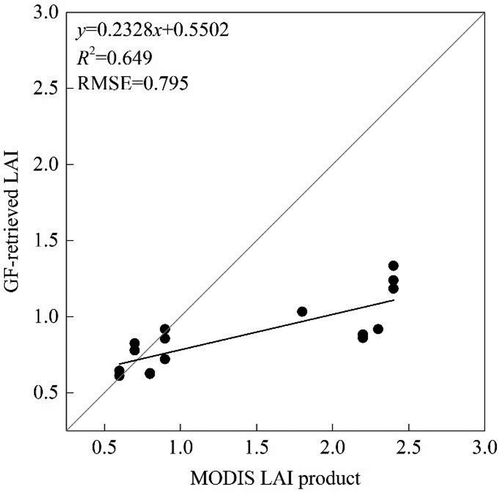 Figure 7. Comparison of LAI values between scaled LAI-mobile data and MODIS LAI product retrieval.