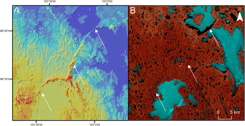 Figure 5. A segment of the MacAlpine moraine (CitationDyke & Prest, 1987) shown in (A) CDED and (B) Landsat ETM+ (R,G,B 4,3,2) imagery. Location is given in Figure 1.