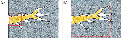 Figure 9. Illustrations of proppant in a fracture, with the highlighted areas showing (a) detection area against a background of the proppant versus (b) detection area against a background of proppant, oil/gas, connate fluids, and reservoir rock.