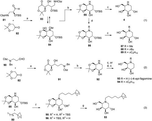 Scheme 2. Synthesis of deoxygalactonojirimycin (DGJ) and its analogues. Reagents and conditions: a) (R)-Pro (cat.), DMF, rt, 61%; b) H2 (4.5 atm), 10% Pd/C, EtOH, 75%; c) HCl, MeOH, 70–90%; d) RCHO, H2 (1–4 atm), 10% Pd/C, EtOH, 54–94%; e) (R)-Pro (cat.), DMF, 4 °C, 24 h, 60%; f) K2CO3, DMF, 80 °C, 95 : 96 = 2 : 1, 94% total yield; g) HCl, MeOH, 50%.