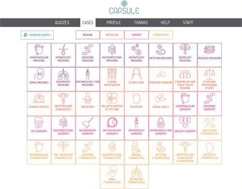 Figure 1 The initial user interface detailing the range of specialities available to choose.