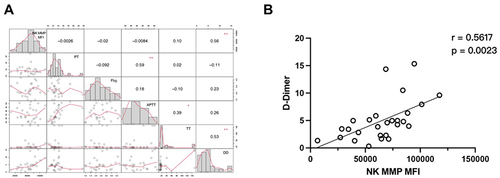 Figure 4 Correlation analysis between MMP MFI of NK cells in deceased patients and coagulation-related clinical parameters. (A) Overview of pairwise correlation analysis between NK cell MMP MFI and coagulation-related clinical parameters (PT, APTT, Fbg, TT, and D-dimer levels) in deceased critically ill patients. (B) Correlation analysis between NK cell MMP MFI and D-dimer levels in deceased critically ill patients. Pearson’s correlation analysis was used for analyses.