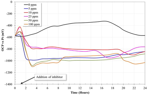 Figure 4. Open circuit potential of a 1018 steel electrode in the absence and in the presence of inhibitor in a 3% NaCl-10% diesel solution bubbled with CO2 at 50°C.